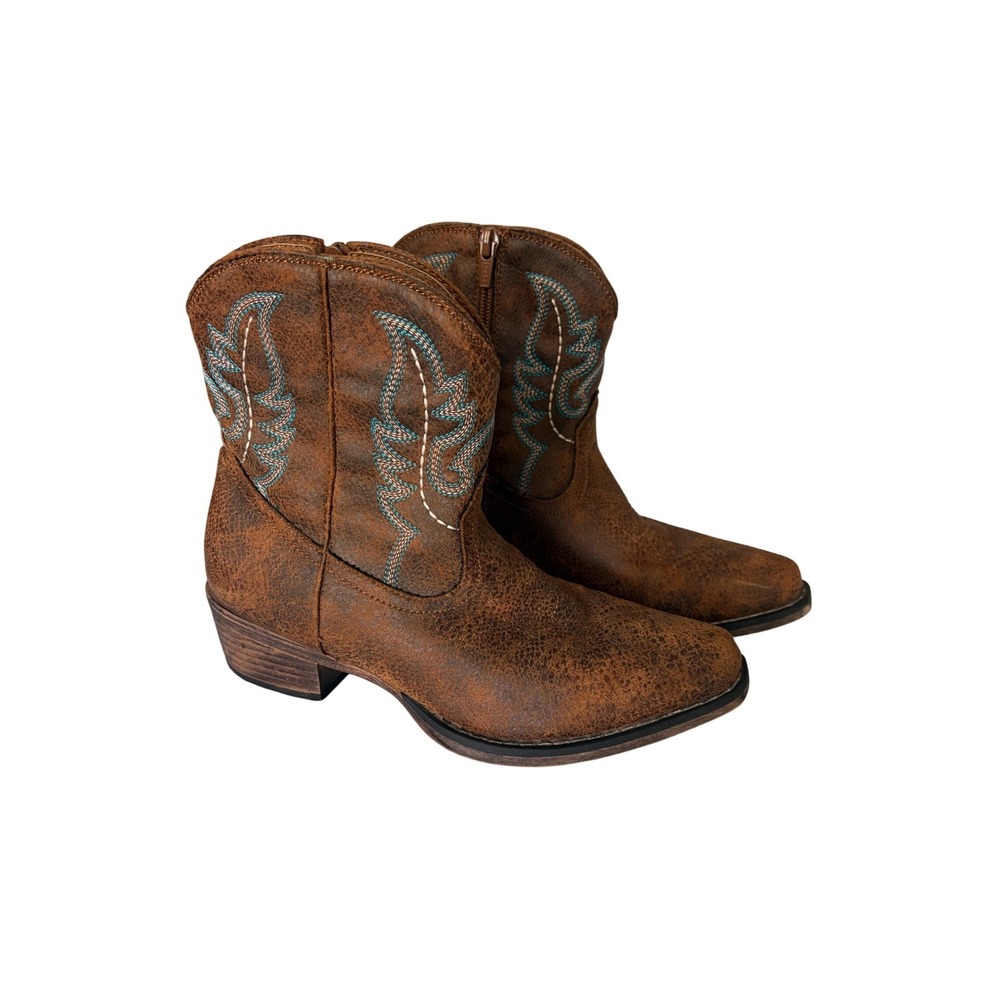 Roper Shay Cognac Brown Embroidered Turquoise Women Western Ankle Boots 5.5